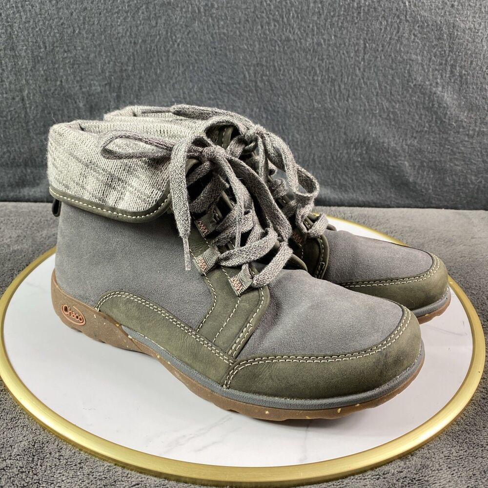 Chaco Barbary Hiking Ankle Boots Womens 6.5 Gray Leather Wool Trim Lace Up Shoes